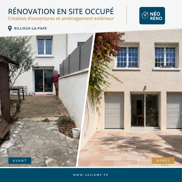 Façade et terrasse avant et après rénovation en site occupé à Rillieux-la-Pape