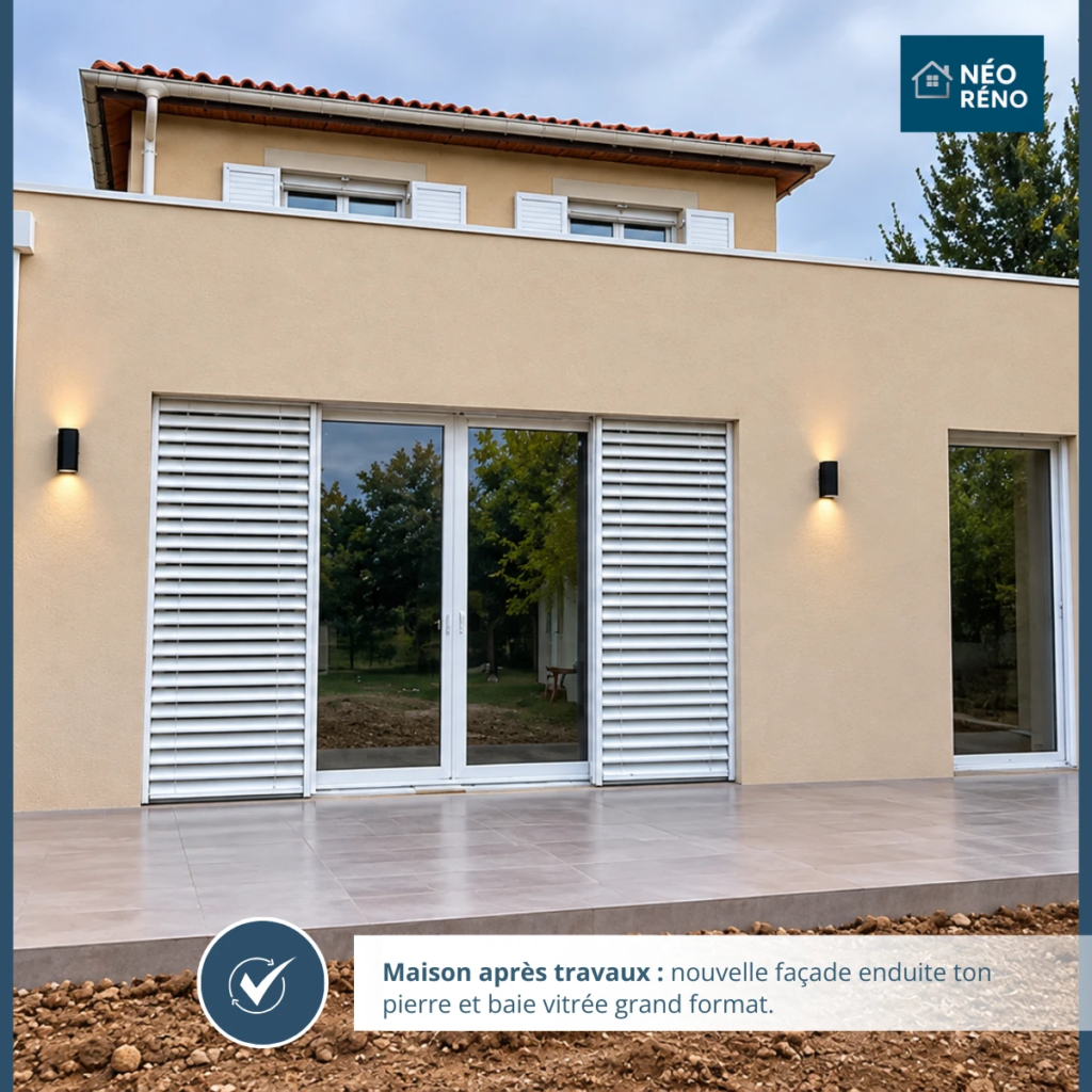 Extension de maison de 40 m² à Meyzieu après travaux, baie vitrée et BSO